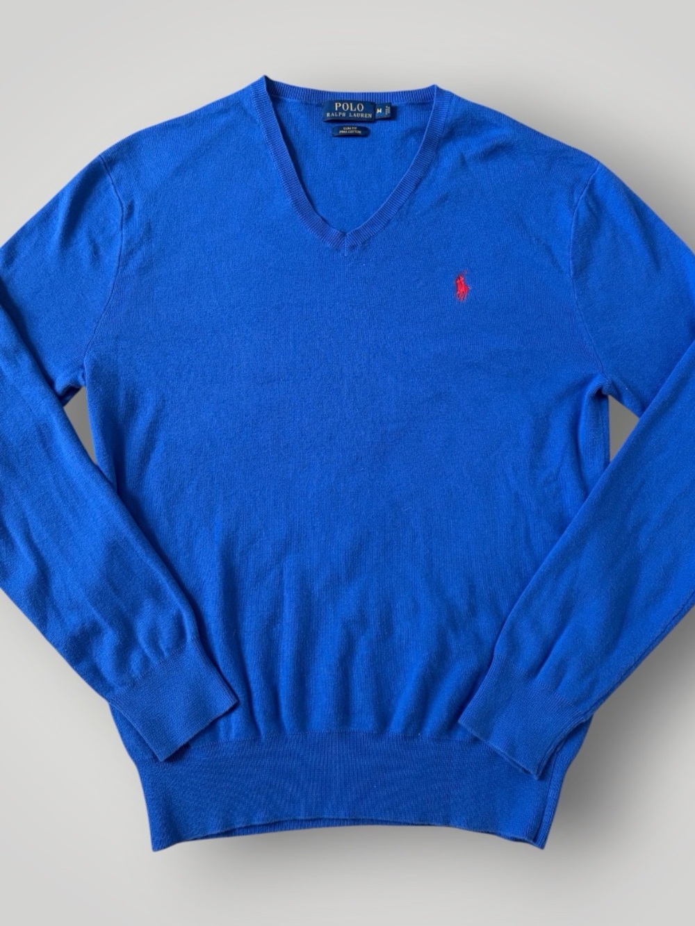 Polo by Ralph Lauren V-Neck Sweater in Bright Blue with Red Pony